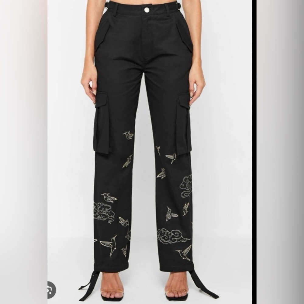 Manière de Voir black cargo Pants 6 gold birds stitched Print Streetwear Grunge